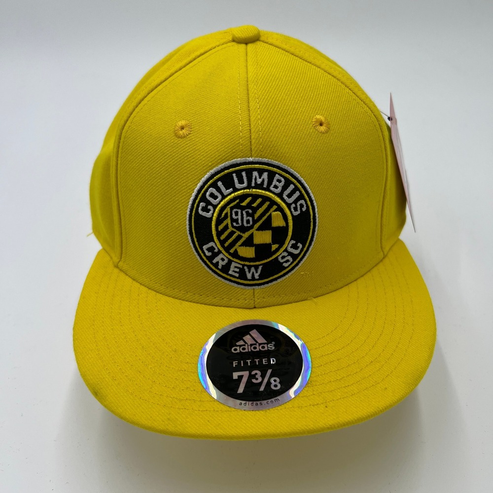 Adidas Columbus Crew SC MLS Fitted Hat Size 7 3/8 Yellow Flat Brim Soccer Cap